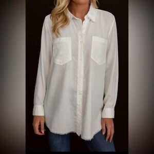 Chico’s  Womens Shirt XL 16 Button Down Long Sleeve Frayed White 1200